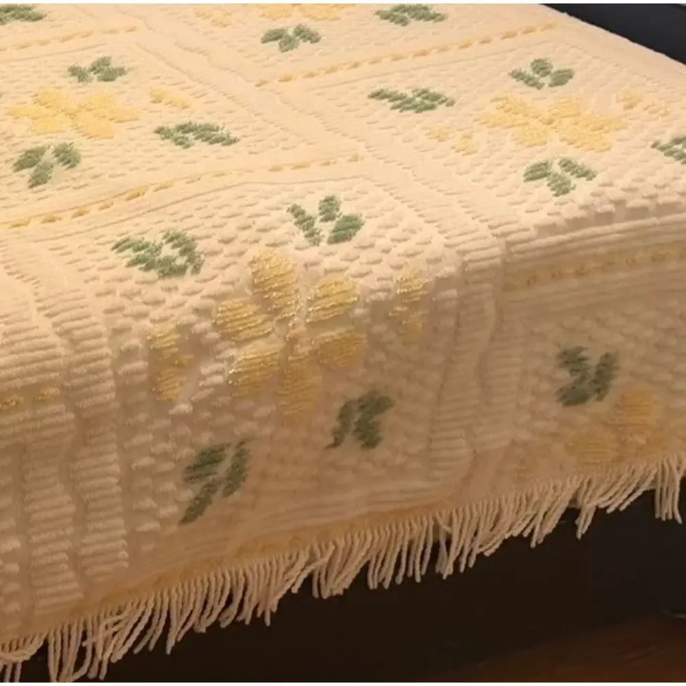 Vintage CHENILLE Bedspread Full Double Floral Yellow Green 80” X 102” Fringed